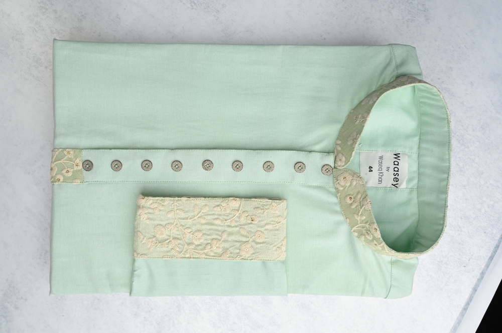 Soft Mint Green Panjabi with Delicate Embroidery